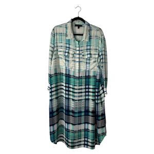 St. John Shirtdress Size XL Silk Blue Ombre Plaid Stretch Long Sleeve Pockets